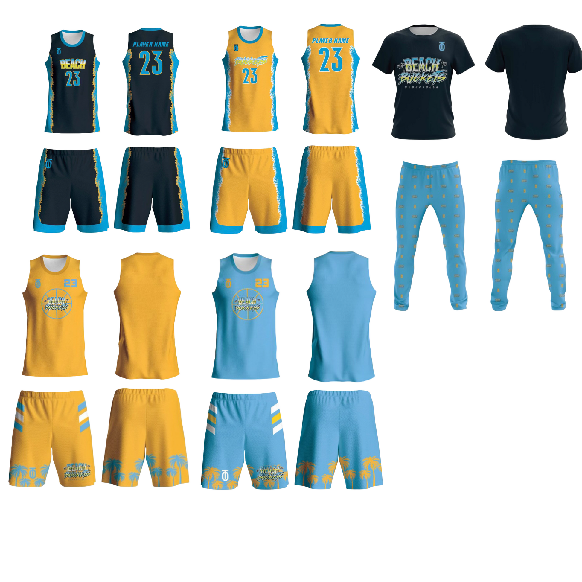 Beach Buckets basketball uniform order featuring custom team jerseys and shorts designed for performance, comfort, and durability on the court