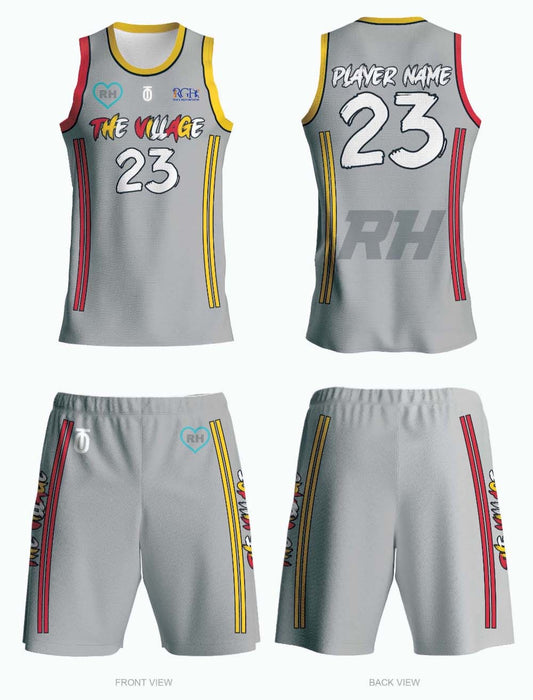 The Village basketball team single-sided custom uniforms featuring breathable, moisture-wicking fabric and bold team colors for competitive play