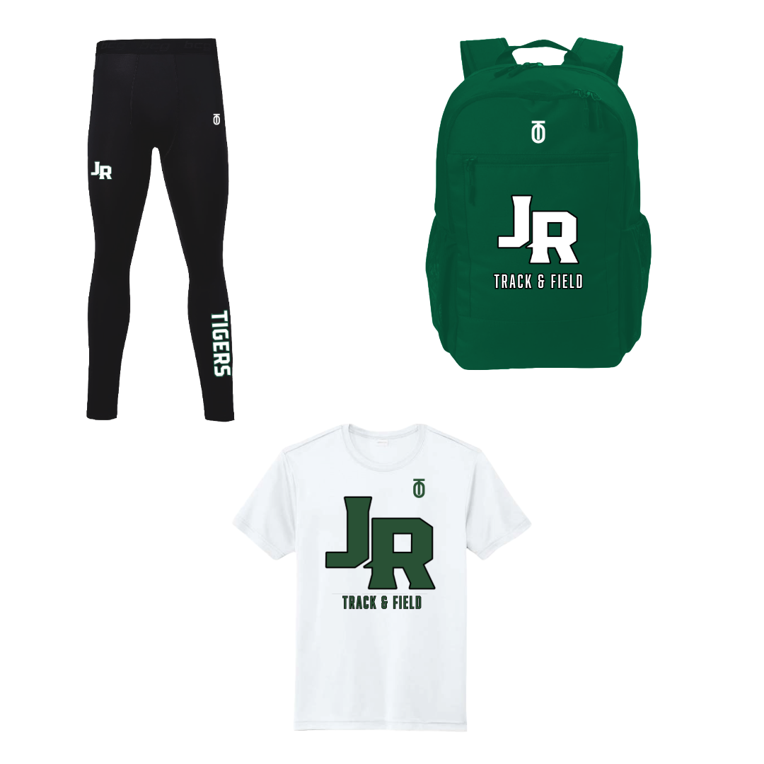 Jackson-Reed men's Track & Field practice package by Take One Sportswear featuring black JR running leggings, a white team T-shirt, and green backpack.