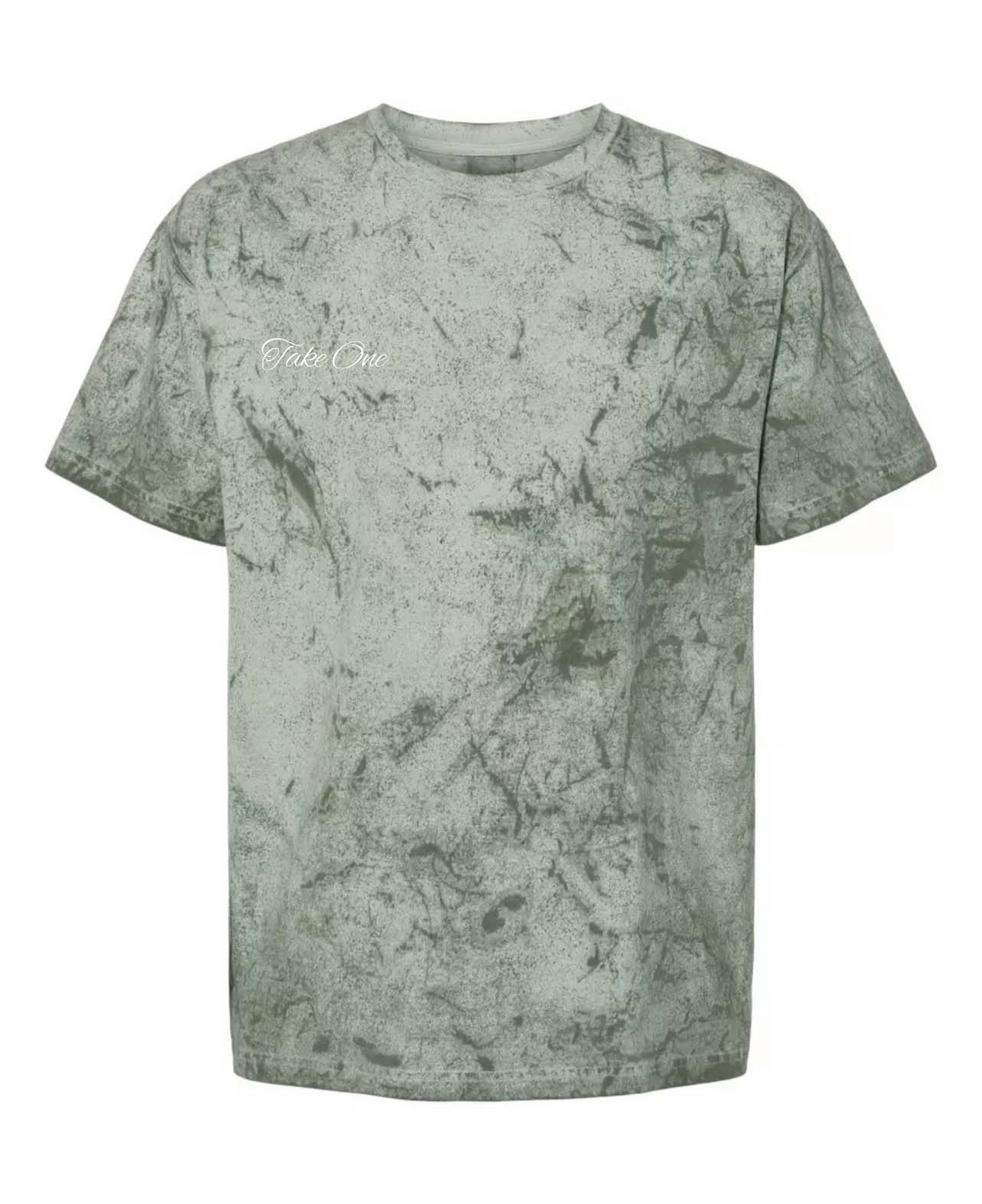 Front product view of the green patterned Everyday People graphic T-shirt by Take One Sportswear with white lettering.