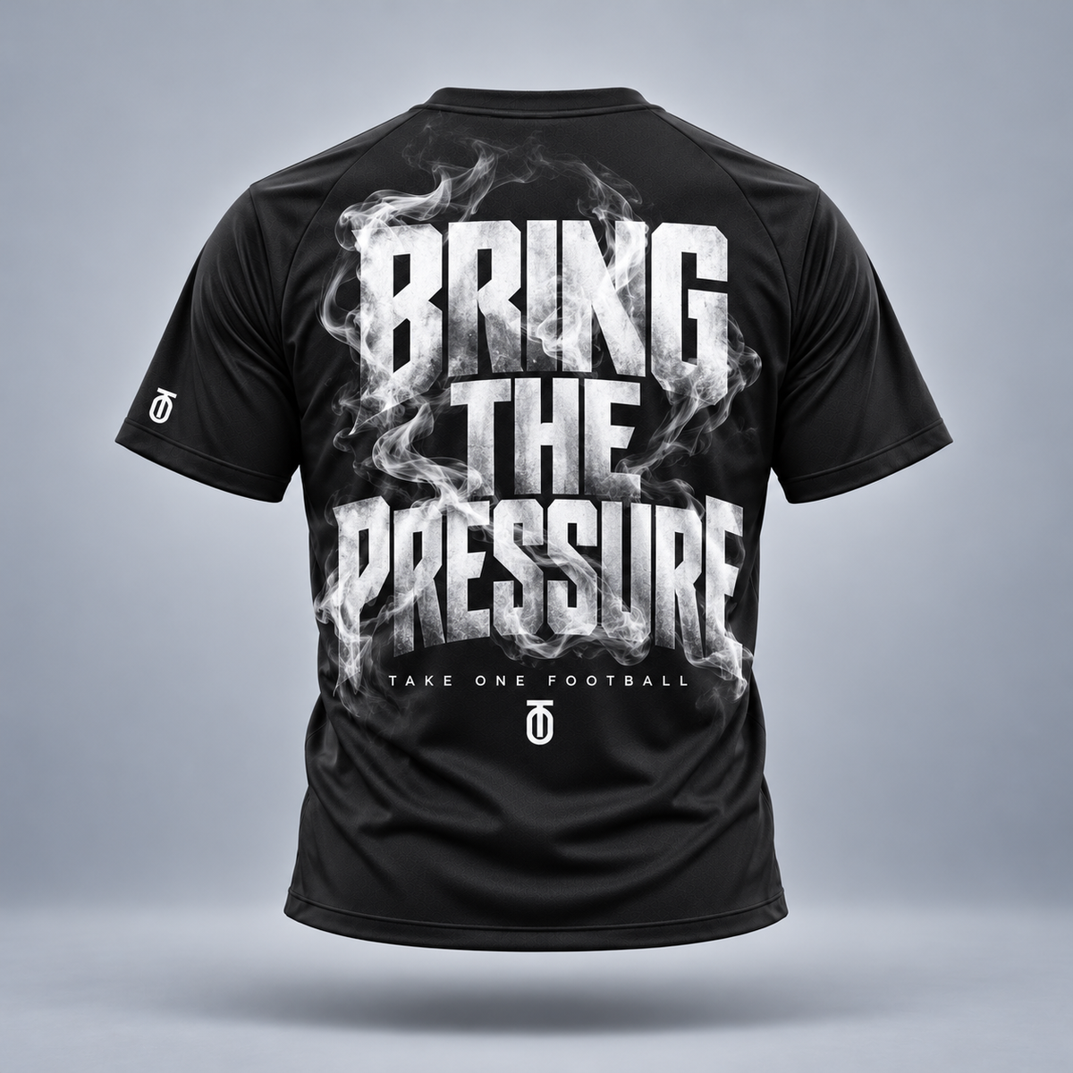 Take One Bring The Pressure Graphic Tee by Take One Sportswear in black, back view with original football artwork.