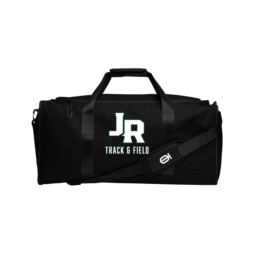 Black Jackson-Reed Cross-Country athletic duffle bag by Take One Sportswear with white and green JR Track & Field logo, carrying handles, and shoulder strap.