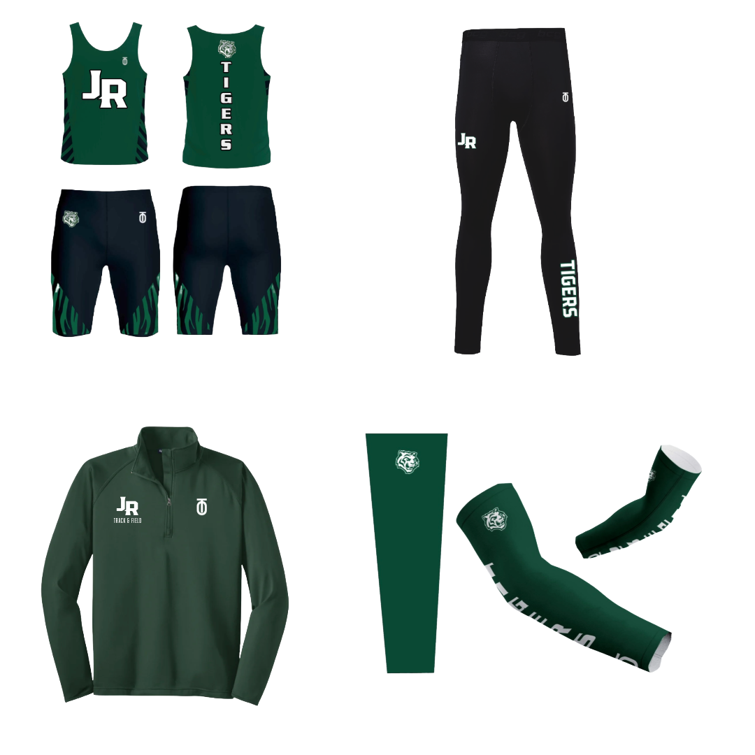 Jackson-Reed men's Track & Field upgrade package by Take One Sportswear featuring a green racing uniform, black leggings, green quarter-zip, and green compression accessories.