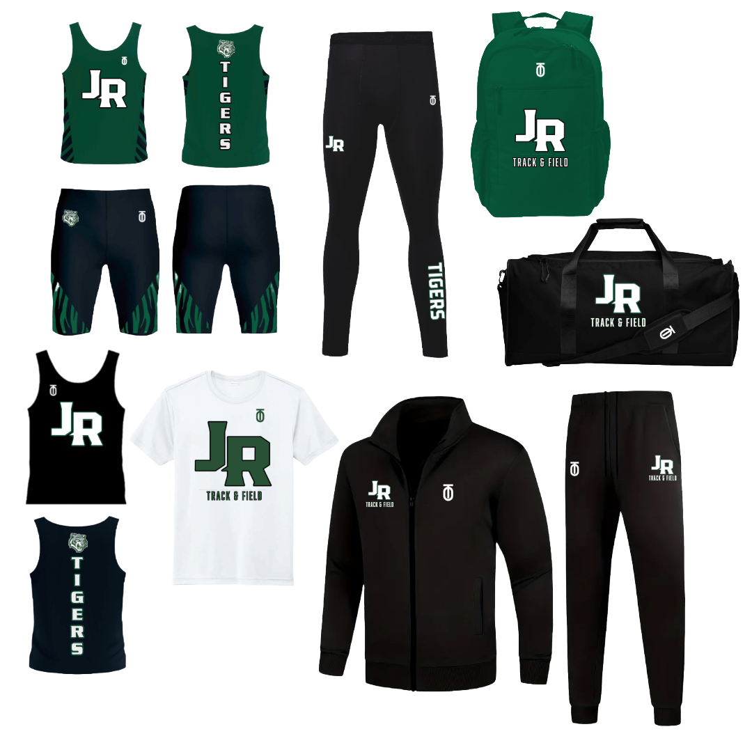 Jackson-Reed men's Ultimate Track & Field Package by Take One Sportswear with green and black racing uniforms, leggings, white T-shirt, warm-up suit, backpack, and duffle bag.