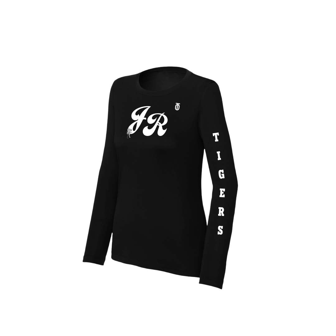 Black Jackson-Reed women's Track & Field long-sleeve shirt by Take One Sportswear with white JR chest logo and Tigers lettering down the sleeve.
