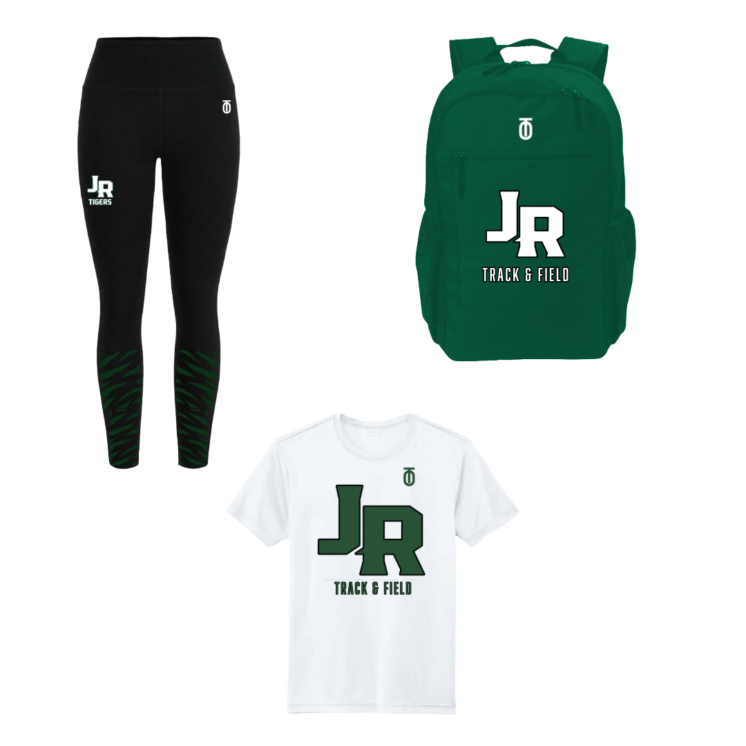 Jackson-Reed women's Track & Field practice package by Take One Sportswear with black JR leggings, white JR team T-shirt, and green backpack.