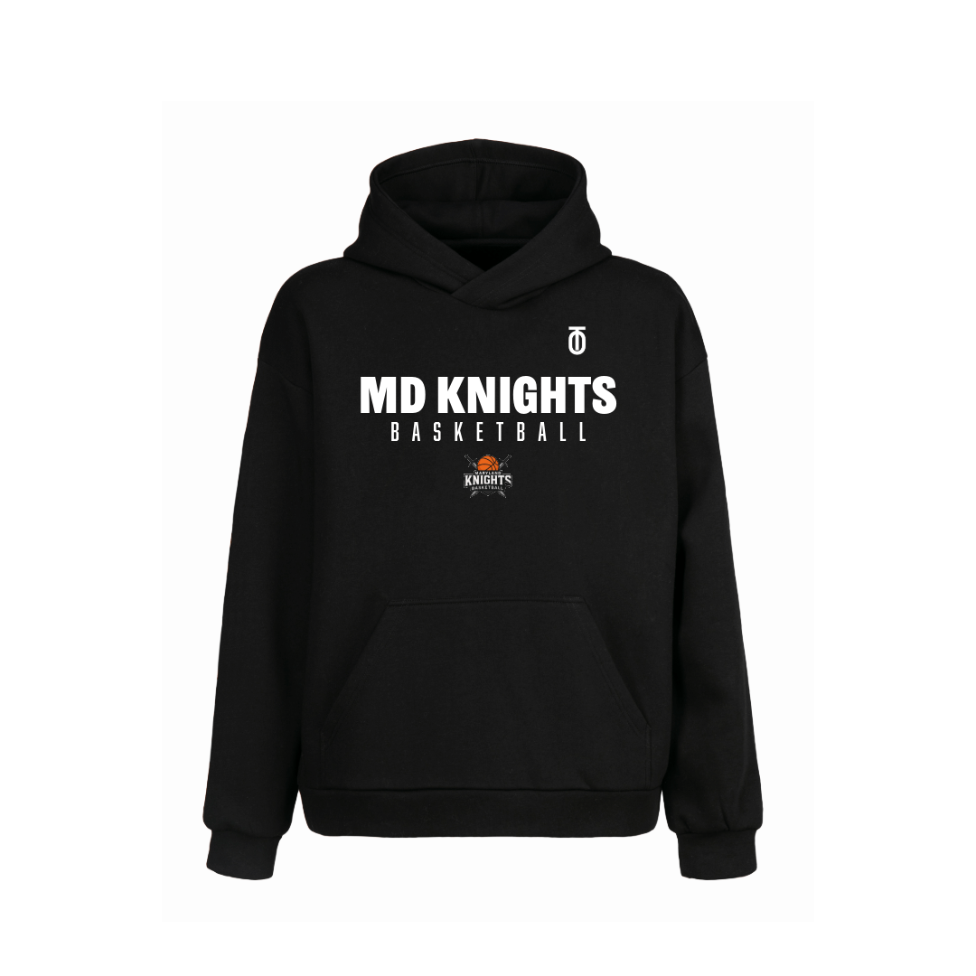 Front view of black Maryland Knights Basketball Hoodie by Take One Sportswear, featuring white MD Knights graphics, team logo, and a kangaroo pocket.
