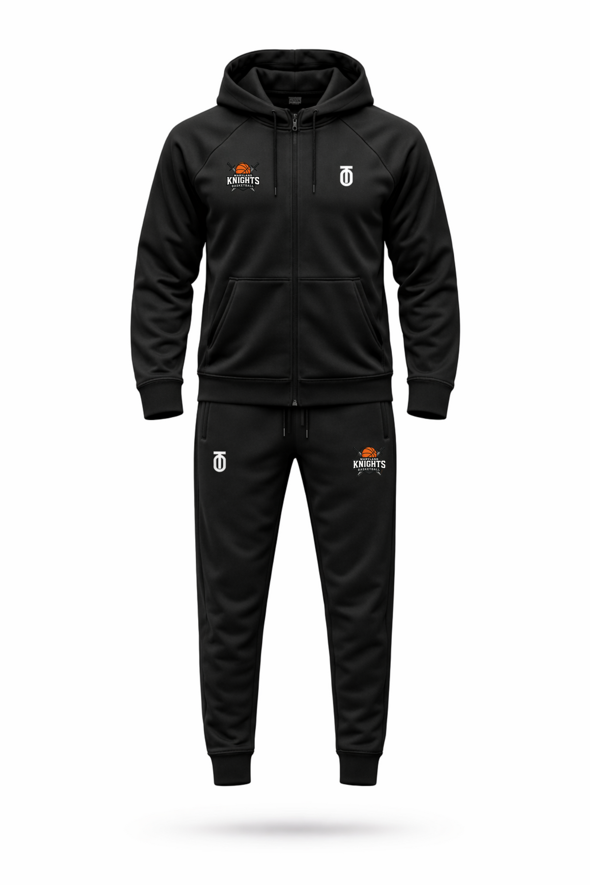Black Maryland Knights Basketball travel sweatsuit by Take One Sportswear featuring a full-zip hooded jacket and matching joggers with team logos.