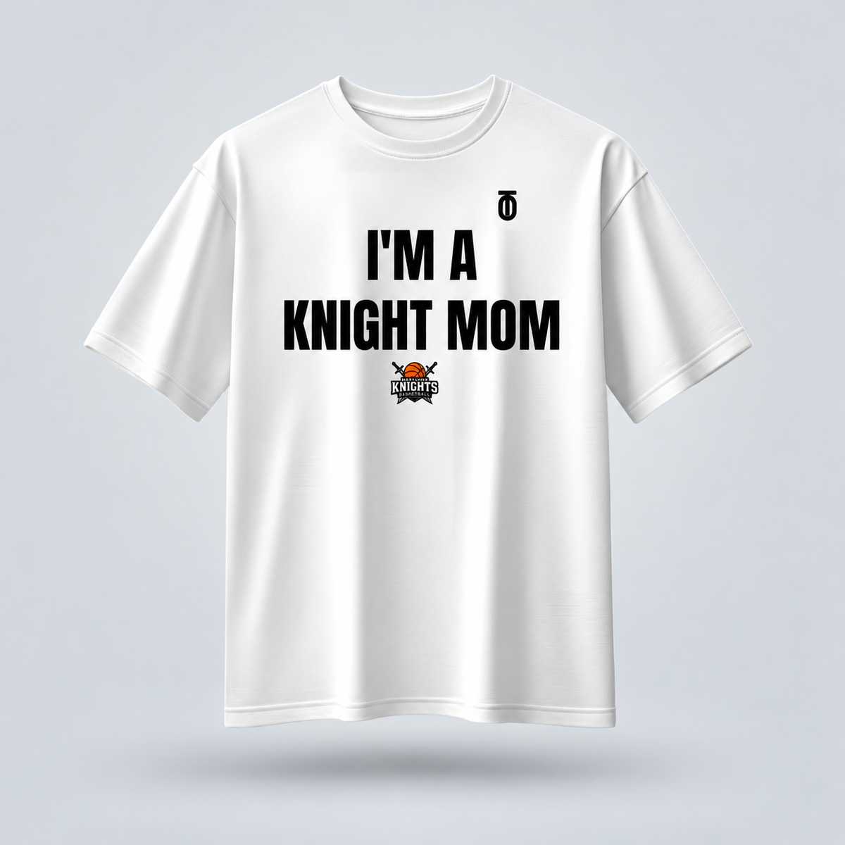 White Maryland Knights Mom supporter T-shirt by Take One Sportswear, featuring black family lettering and the team logo. Neutral grey studio background with a subtle floating shadow.