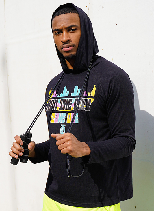 Take One "Run the City" Long Sleeve Hoodie featuring lightweight, breathable fabric with a sleek urban design for running and casual wear