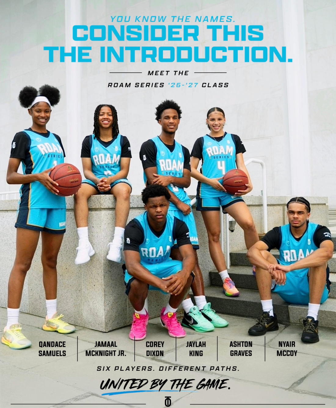 ake One Sportswear ROAM IV campaign featuring basketball players Qandace Samuels, Jamaal McKnight Jr., Corey Dixon, Ashton Graves, Nyair McCoy, and Jaylah King in turquoise ROAM apparel.