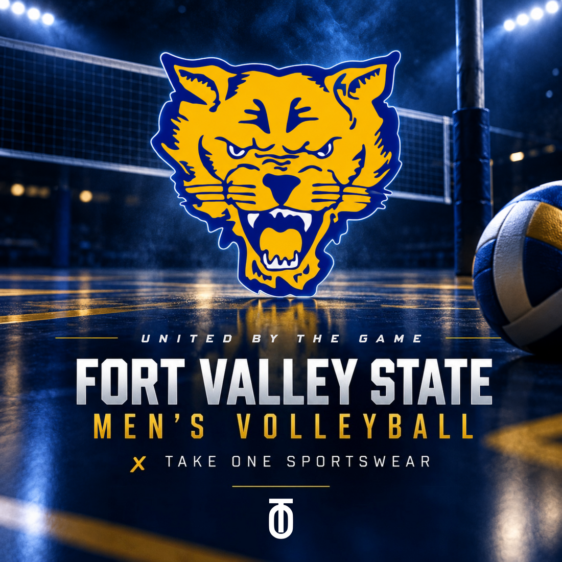Fort Valley State University Men's Volleyball and Take One Sportswear partnership announcement graphic featuring the Wildcats logo, blue and gold volleyball court, and United By The Game branding.