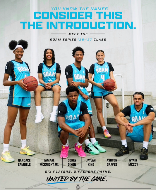 Take One Sportswear ROAM IV campaign featuring basketball players Qandace Samuels, Jamaal McKnight Jr., Corey Dixon, Ashton Graves, Nyair McCoy, and Jaylah King in turquoise ROAM apparel.