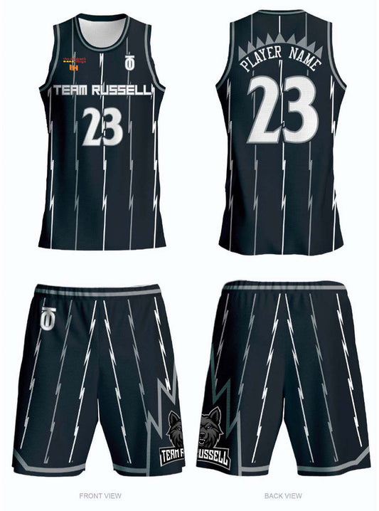 Team Russell single-sided basketball uniforms featuring custom black design with breathable performance fabric for optimal comfort and mobility on the court