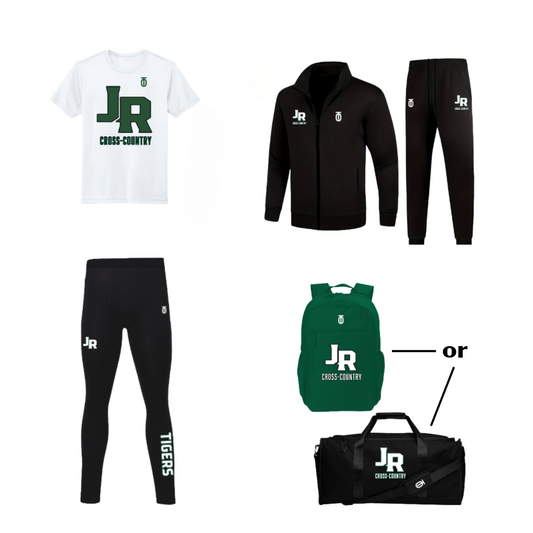 Jackson-Reed Cross-Country newcomer apparel package by Take One Sportswear, featuring a white JR T-shirt, black hoodie, joggers, leggings, and a choice of green backpack or black duffel bag.
