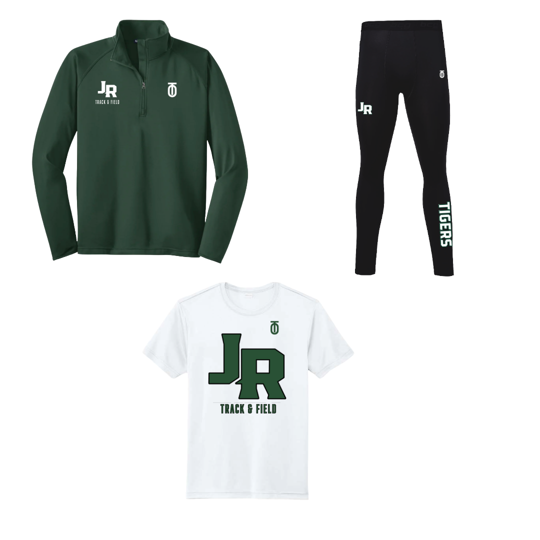 Jackson-Reed men's Track & Field returners SWAG package by Take One Sportswear featuring a green quarter-zip, black leggings, and white JR T-shirt.