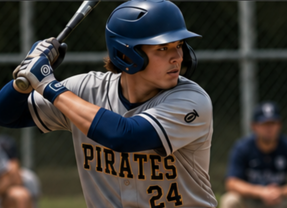 Baseball player batting in a custom Take One Sportswear uniform during a game.
