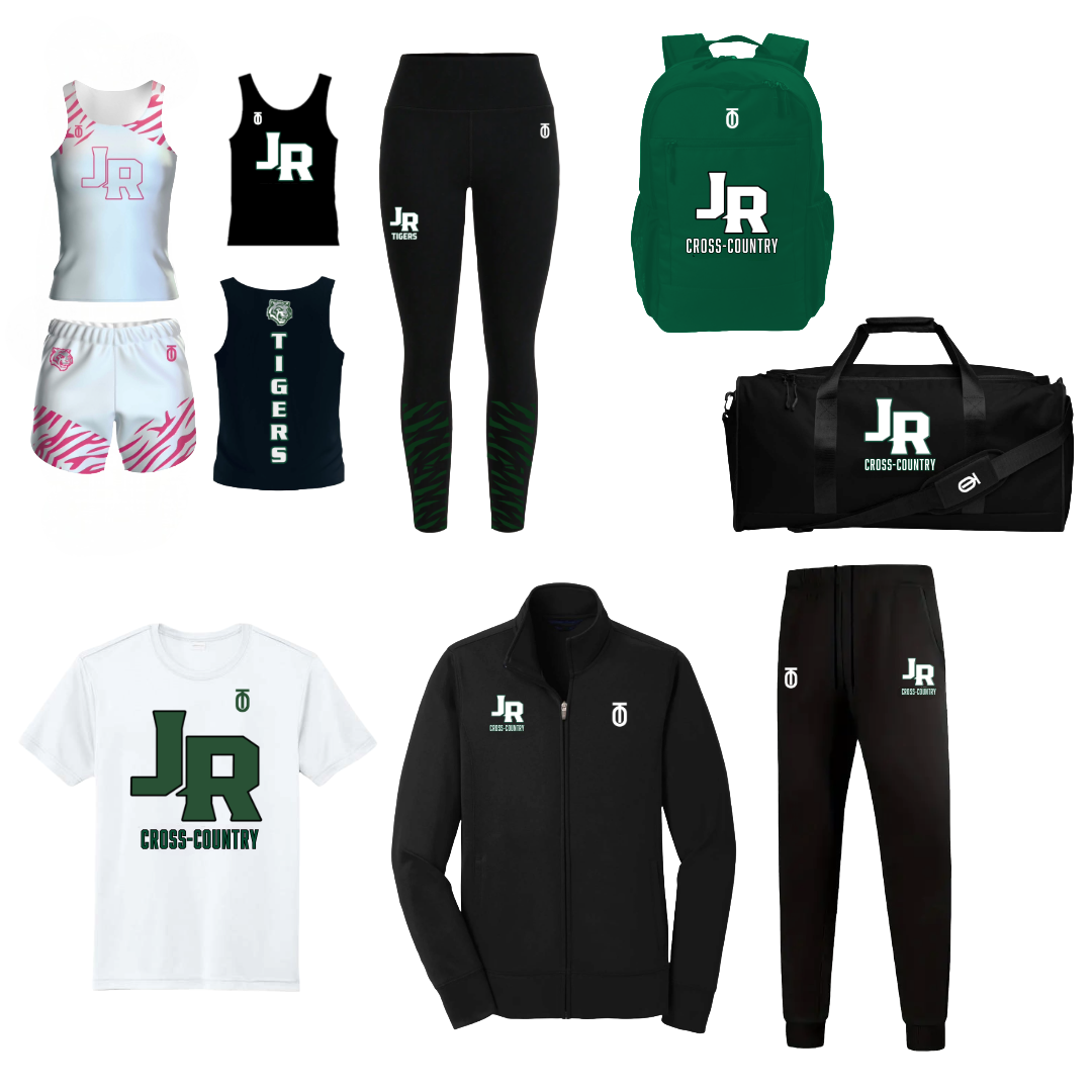 Jackson-Reed women's Track and Field apparel package by Take One Sportswear showing racing uniforms, JR T-shirt, black hoodie, joggers, leggings, and backpack or duffel bag options.