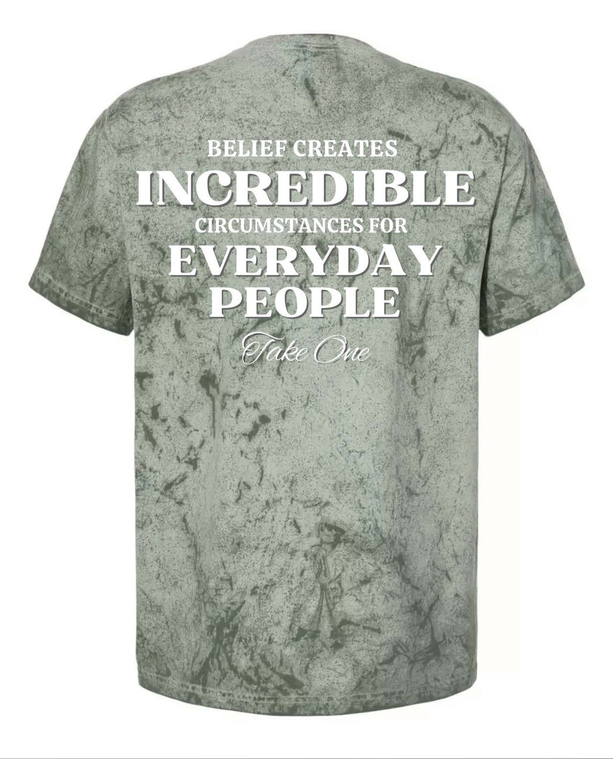 Back product view of the green patterned Everyday People T-shirt by Take One Sportswear.