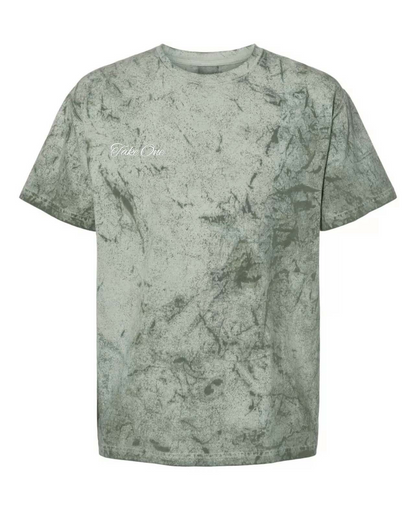 Front product view of the green patterned Everyday People graphic T-shirt by Take One Sportswear with white lettering.