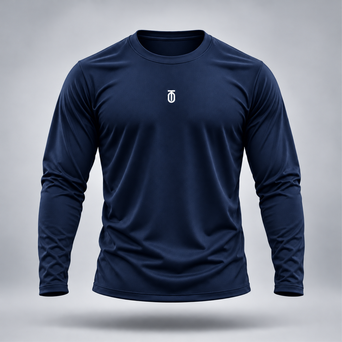 Front view of the Take One Football Compression Baselayer in midnight navy with a white Take One monogram logo, shown floating on a light gray studio background
