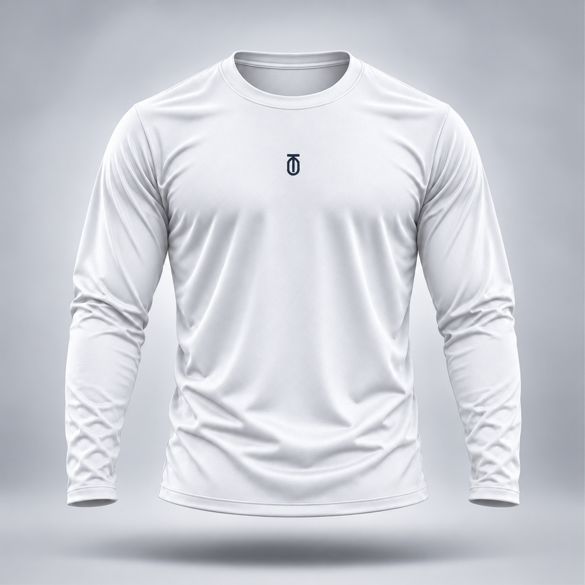 Front view of the Take One Football Compression Baselayer in white with a dark Take One monogram logo, shown floating on a light gray studio background.