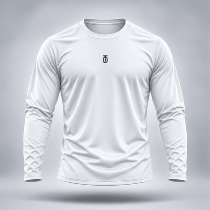 Front view of the Take One Football Compression Baselayer in white with a dark Take One monogram logo, shown floating on a light gray studio background.
