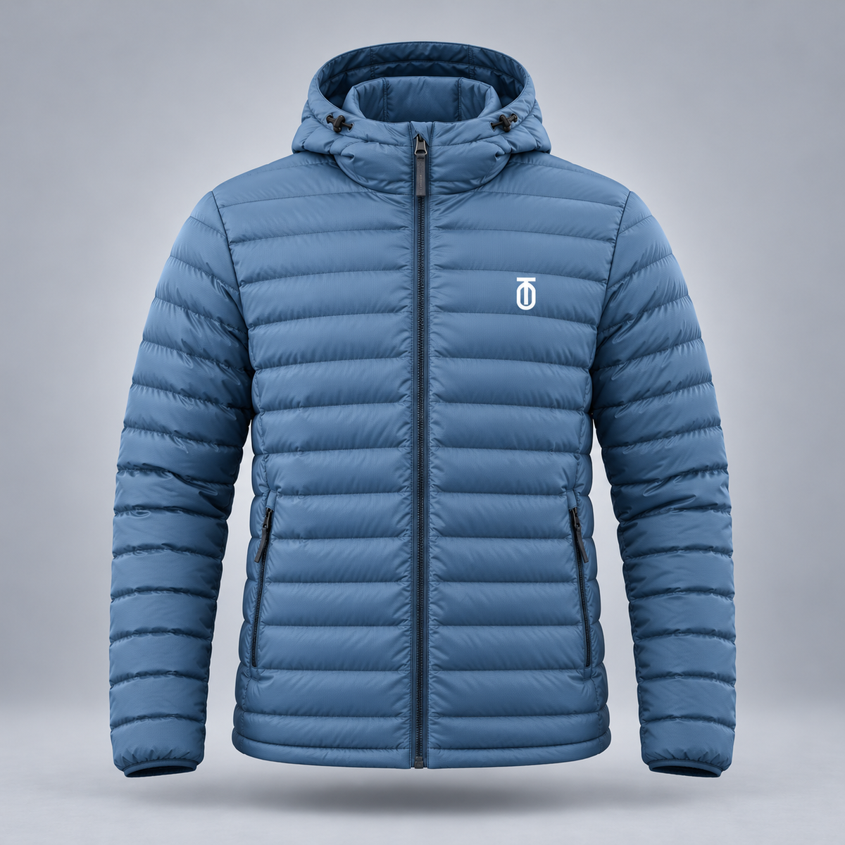 Take One Aerial Men's Quilted Hooded Jacket by Take One Sportswear in Blue Slate, front view.