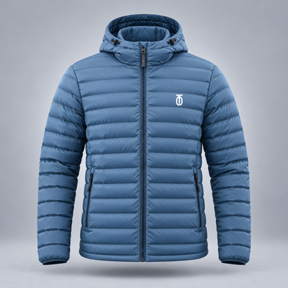 Take One Aerial Men's Quilted Hooded Jacket by Take One Sportswear in Blue Slate, front view.