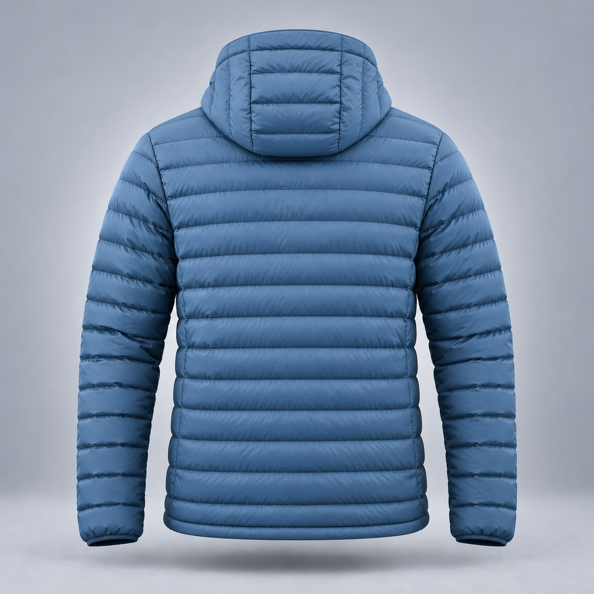 Take One Aerial Men's Quilted Hooded Jacket by Take One Sportswear in Blue Slate, back view.