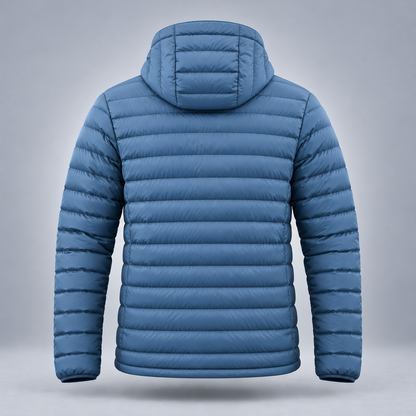 Take One Aerial Men's Quilted Hooded Jacket by Take One Sportswear in Blue Slate, back view.