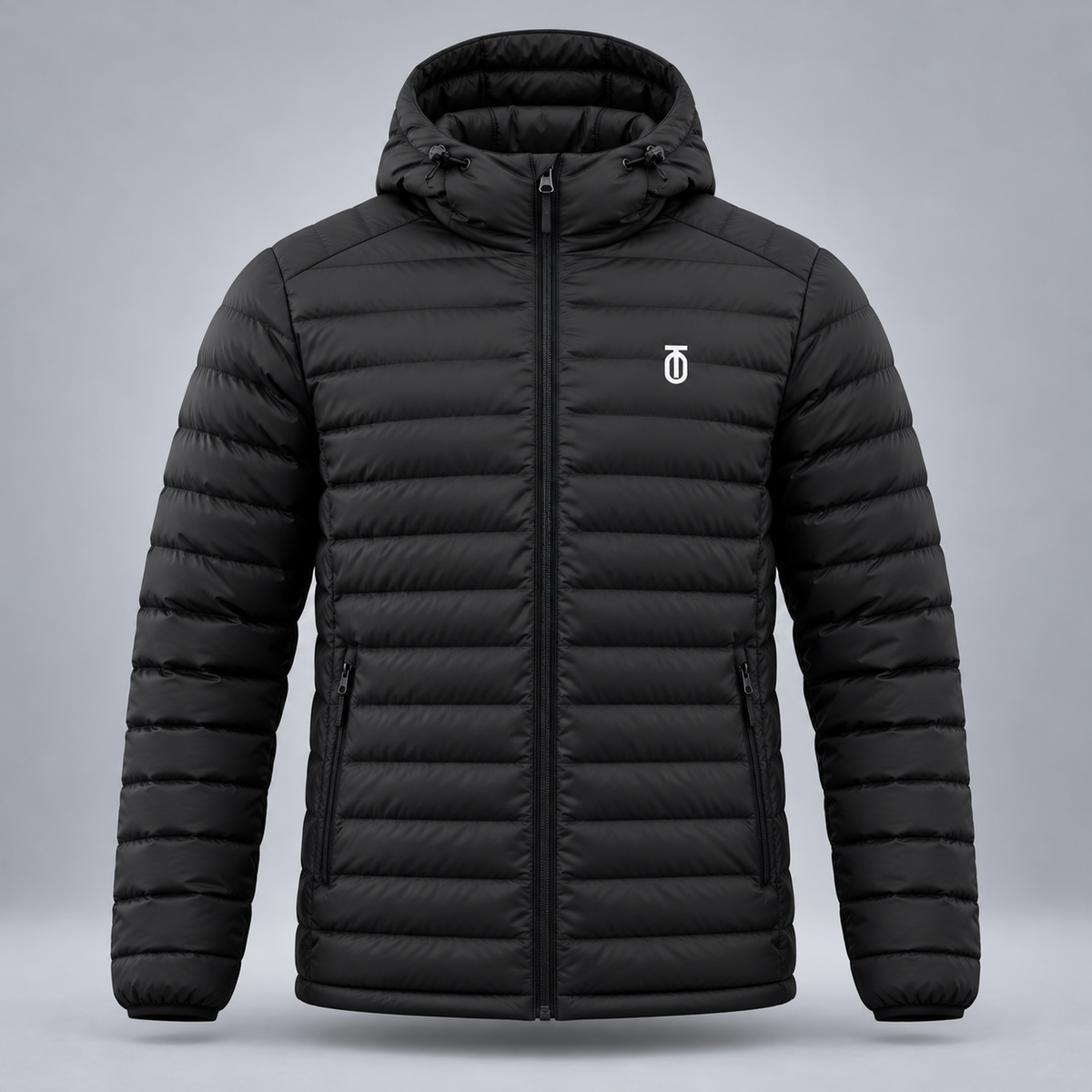 Take One Aerial Men's Quilted Hooded Jacket by Take One Sportswear in Black, front view.