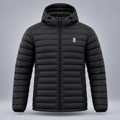 Take One Aerial Men's Quilted Hooded Jacket by Take One Sportswear in Black, front view.