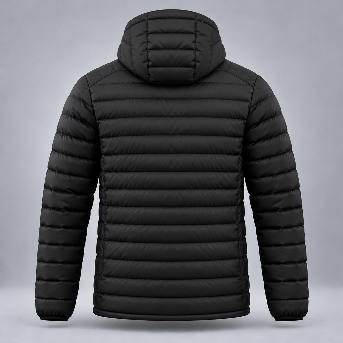 Take One Aerial Men's Quilted Hooded Jacket by Take One Sportswear in Black, back view.