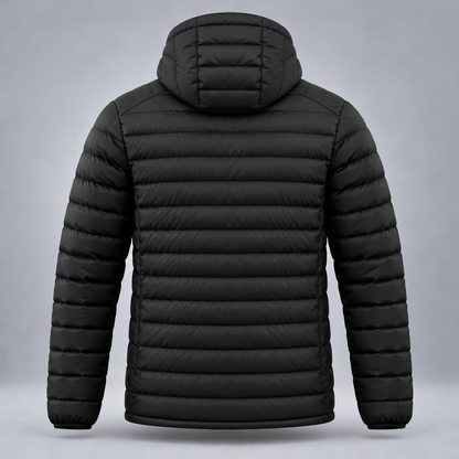 Take One Aerial Men's Quilted Hooded Jacket by Take One Sportswear in Black, back view.