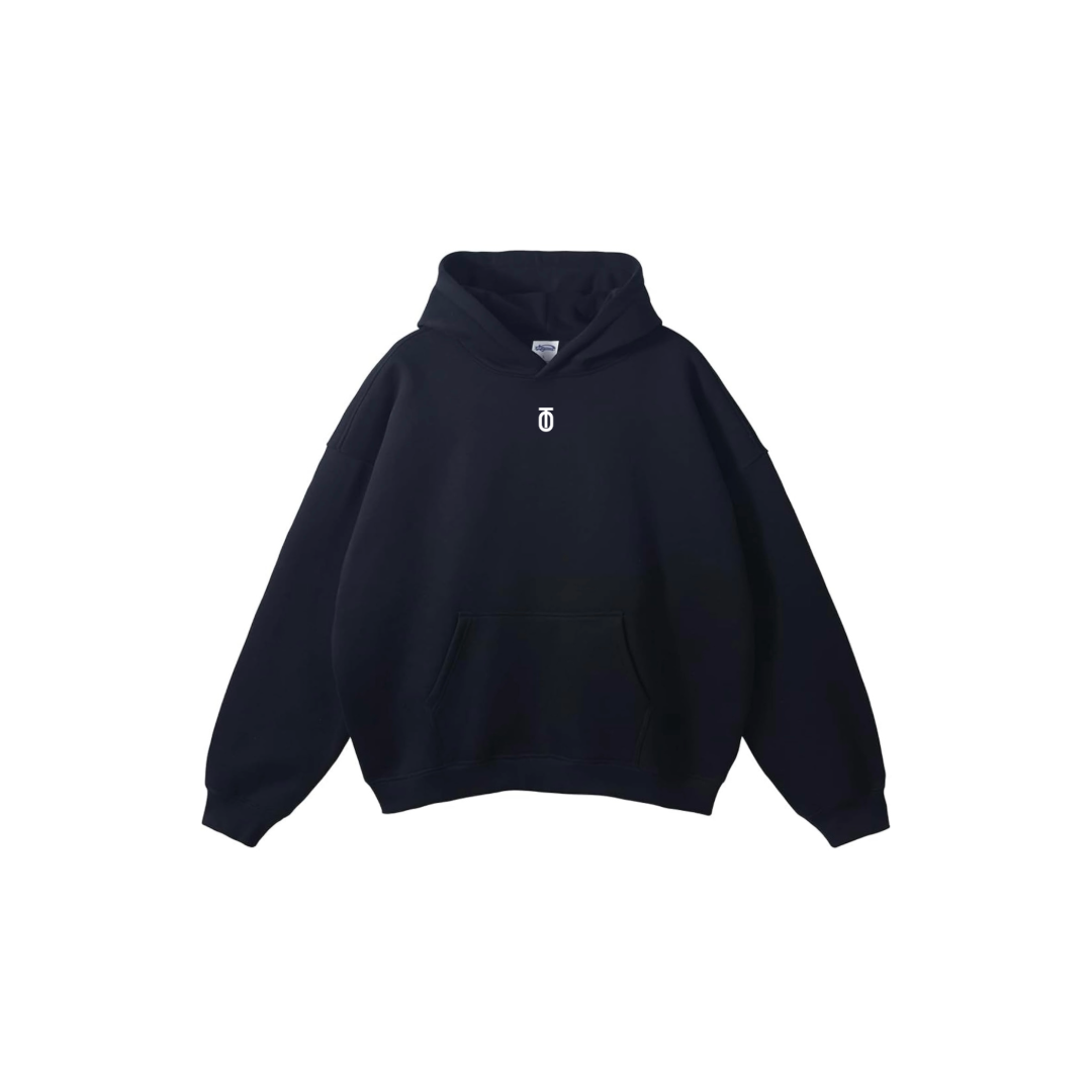 Front view of black Take One Apex Hoodie with small white Take One chest logo and pullover fleece design.