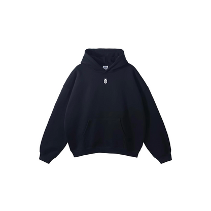 Front view of black Take One Apex Hoodie with small white Take One chest logo and pullover fleece design.
