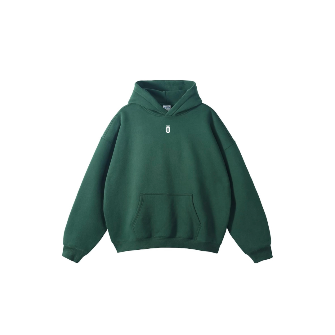 Front view of olive green Take One Apex Hoodie with small white Take One chest logo and pullover fleece design.