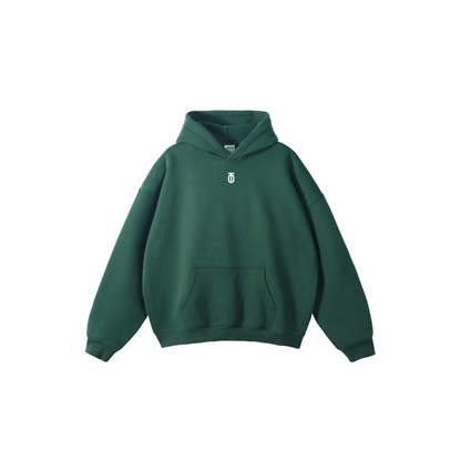 Front view of olive green Take One Apex Hoodie with small white Take One chest logo and pullover fleece design.