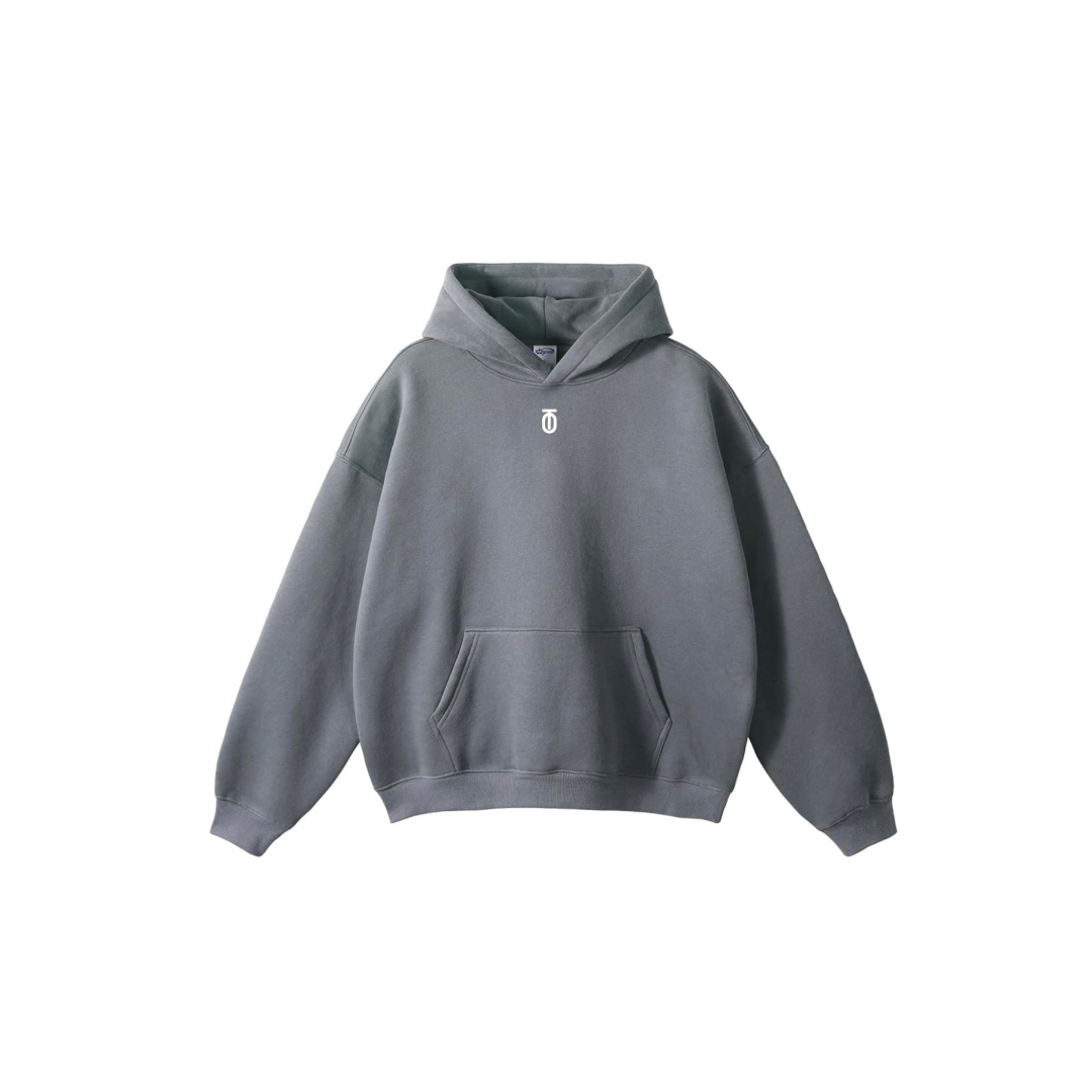 Front view of stone Take One Apex Hoodie with small white Take One chest logo and pullover fleece design.