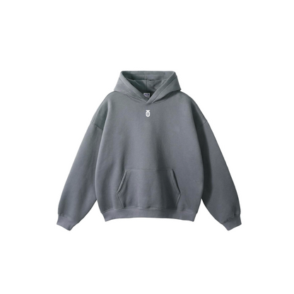 Front view of stone Take One Apex Hoodie with small white Take One chest logo and pullover fleece design.