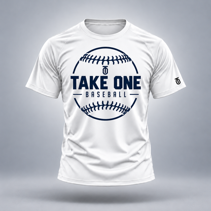 Take One Baseball Signature Performance Graphic Tee by Take One Sportswear in White, front view featuring clean baseball-seam emblem and TO sleeve branding.
