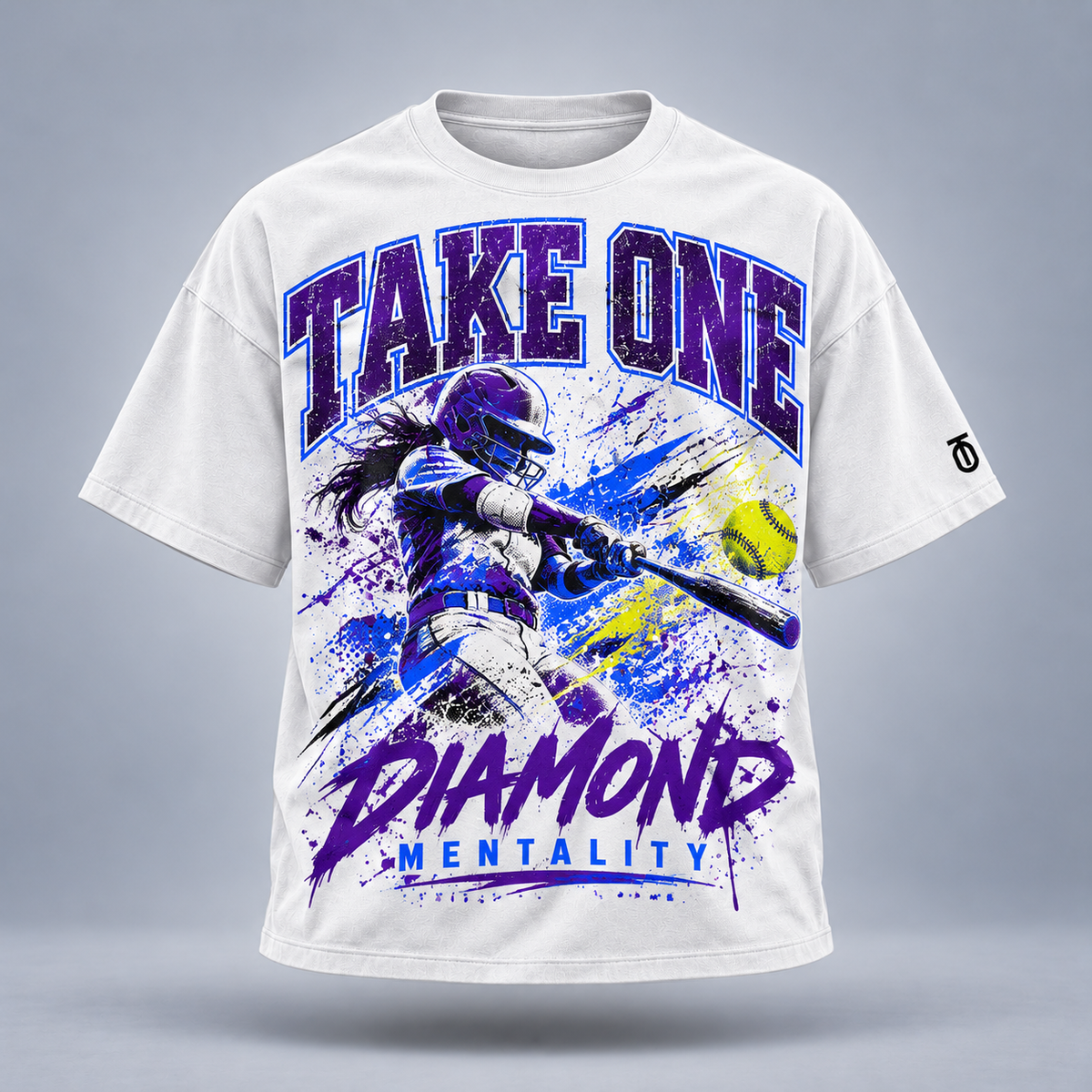 Take One Diamond Mentality Graphic Tee by Take One Sportswear in White, front view featuring original softball action artwork and TO sleeve branding.