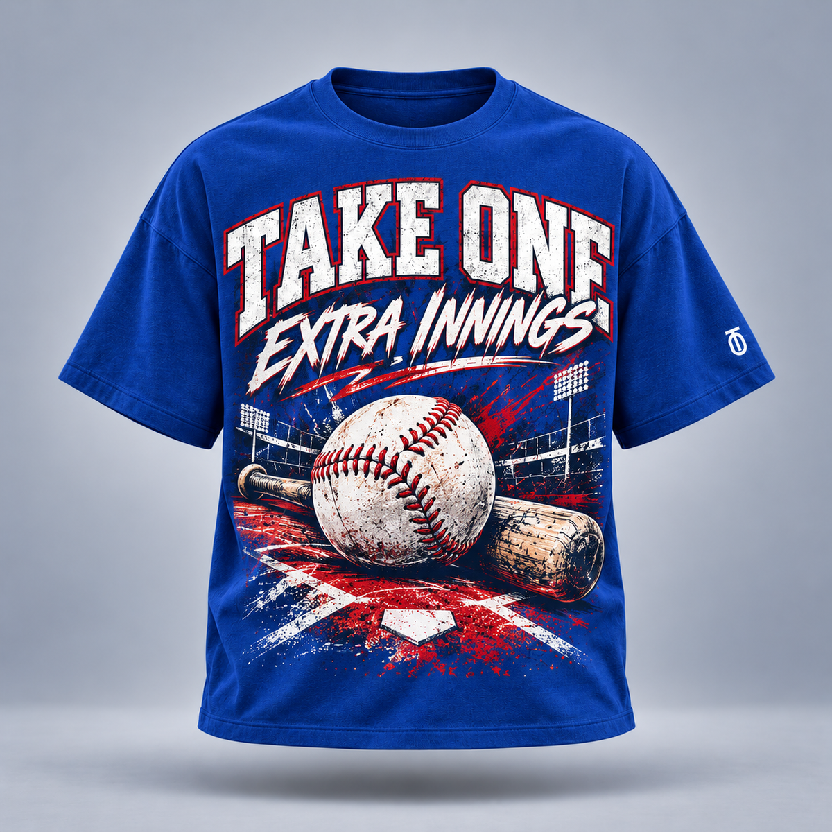 Take One Extra Innings Graphic Tee by Take One Sportswear in Royal Blue, front view featuring baseball diamond and extra-innings artwork and TO sleeve branding.
