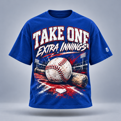 Take One Extra Innings Graphic Tee by Take One Sportswear in Royal Blue, front view featuring baseball diamond and extra-innings artwork and TO sleeve branding.