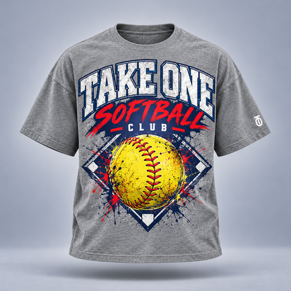 Take One Softball Club Graphic Tee by Take One Sportswear in Heather Grey, front view featuring yellow softball and collegiate club lettering and TO sleeve branding.