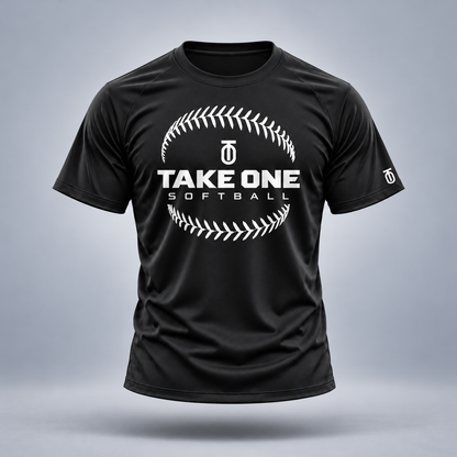Take One Softball Signature Performance Graphic Tee by Take One Sportswear in Black, front view featuring clean softball-seam emblem and TO sleeve branding.