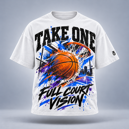 Take One Full Court Vision Graphic Tee by Take One Sportswear in White, front view featuring expressive basketball artwork and motion color and TO sleeve branding.