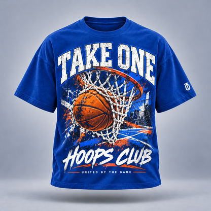 Take One Hoops Club Graphic Tee by Take One Sportswear in Royal Blue, front view featuring varsity basketball-club lettering and TO sleeve branding.