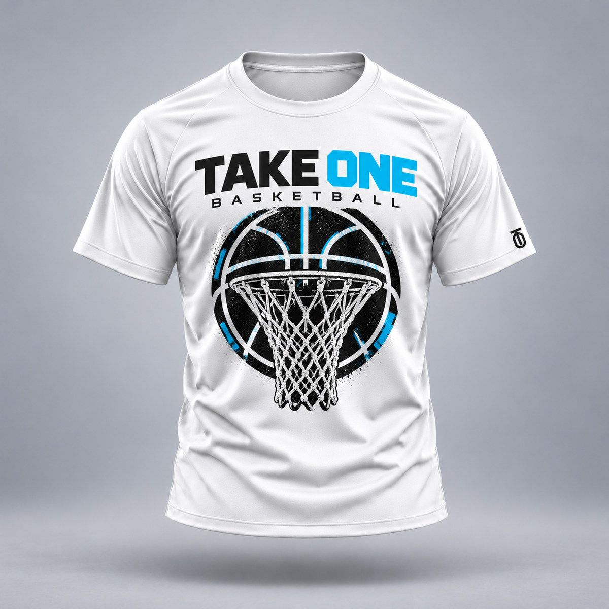 Take One Sportswear Net District performance graphic tee in white, front view with basketball net emblem and TO sleeve logo.